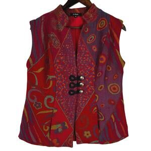 VTG In-Style Red Wool Vest Women’s SZ M Paisley Lined Frog Buttons Pockets EUC